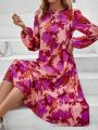 SHEIN Clasi Women'S Floral Print Round Neck Balloon Sleeves Ruffle Hem Dress