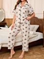 Plus Size Cartoon Printed Color Block Pajamas Set With Contrasting Trim