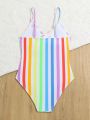 Tween Girls' Colorful Striped One-Piece Swimsuit With Spaghetti Straps