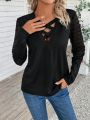 Cross V-Neck Lace Long-Sleeve T-Shirt