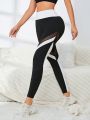 Colorblock Mesh Insert Wideband Waist Sports Leggings