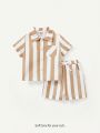 Cozy Cub Baby Boy Color Block Striped Collar Polo Shirt With Button Placket And Casual Shorts Two Piece Set