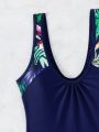 SHEIN Swim Lushore Summer Beach Tropical Print Drawstring Side Tankini