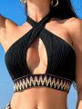 SHEIN Swim BohoFeel Wavy Striped Crossover Halterneck Swimsuit Top