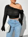 SHEIN Essnce Plus Size Spring And Summer Clothing New Fashion Casual Vacation Irregular One-Shoulder Ruffled Texture Fabric Trumpet Sleeve Long-Sleeved Top