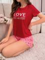 Women's Short Sleeve Pajama Set With Letter Print