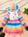 SHEIN Kids EVRYDAY Toddler Girls' Rainbow Unicorn Hooded Long Sleeve Dress For Spring And Autumn