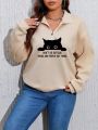 Plus Size Women's Cartoon Cat Pattern Half Zip Hoodie With Pocket