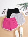 SHEIN Kids EVRYDAY Tween Girls Knitted Color-Block Loose Fit Shorts With Package Edge Three-Piece Set