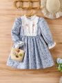 SHEIN Kids HYPEME Little Girls' Floral Printed Contrast Color Ruffle Sleeve Dress