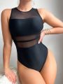 Mesh Insert & Hollow Out Back One Piece Swimsuit