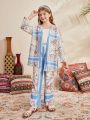 SHEIN Kids Nujoom 2pcs/Set Tween Girl Loose Vacation Style Floral Pattern Long Kimono And Pants