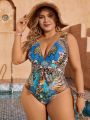 SHEIN Swim Classy Plus Size Peacock Print V-neck One-piece Swimsuit