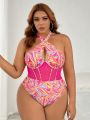 SHEIN Swim SXY Plus Size Women'S Marble Print Halter Neck One-Piece Swimsuit