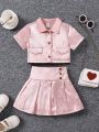 SHEIN Kids CHARMNG 3pcs/Set Young Girls' Vest Top, T-Shirt, Skirt With Faux Pocket And Rhinestone Decor, Summer Outfits