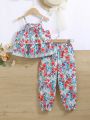 SHEIN Kids SUNSHNE Toddler Girls' Holiday Romantic Flower Pattern Printed Tiered Cami Top And Lantern Pants Set, Spring/Summer