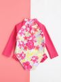 Baby Girl Floral Print Frill Trim One Piece Swimsuit