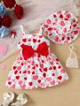 Baby Girl Heart Printed Dress With Bowknot Decoration And Straps