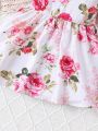 Baby Girl's Summer Romantic Rose Floral Print A-Line Dress With Halter Neck For Valentine's Day