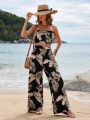 SHEIN VCAY Tropical Printed Strapless Top And Pants Two-piece Set