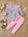 Baby Girls' Cartoon & Leopard Pattern Long Sleeve Jumpsuit And Pants Set