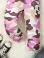 SHEIN Kids CHARMNG Girls (Small) Letter Printed Long-Sleeved T-Shirt And Camouflage Trousers Two-Piece Set