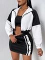 SHEIN SXY Women's Color Block Zipper Front Jacket And Side Striped Skirt Two-piece Set