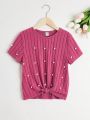 SHEIN Girls' Loose Fit Vintage Knitted Decoration Round Neck T-Shirt