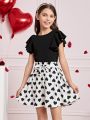 SHEIN Kids FANZEY Tween Girls' Round Neck Ruffle Knitted Tee With Detachable Heart Print Waist Belt And Skirt Set