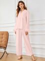 Fuzzy Cuff Pocket Patched Blouse & Pants PJ Set