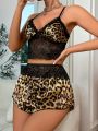 Leopard Print Contrast Lace Satin PJ Set