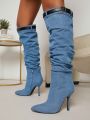 Denim Pointy Toe Stiletto Heeled Boots