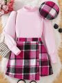 Teenage Girls' Stand Collar Pink Knit T-shirt And Wool Blend A-line Skirt And Hat 3pcs/set