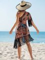 SHEIN Swim BohoFeel Women's Floral Print Fringed Hem Poncho Dress