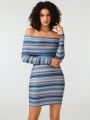 THE VAULT Striped Print Off Shoulder Bodycon Dress