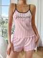 Striped & Letter Graphic Lettuce Trim PJ Set