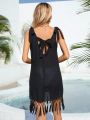 SHEIN Swim BohoFeel Tie Knot Backless Tassel Hem Sleeveless Cover Up Dress