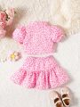 Baby Girls' Pink Leopard Print Shirt With Skirt Set For Spring/Summer