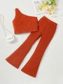 SHEIN Kids EVRYDAY Tween Girl One Shoulder Ribbed Knit Top & Flare Leg Pants