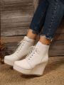 Women's White Wedge Lace-up Ankle Boots With Thick Sole