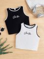 SHEIN Kids QTFun Girls' Knitted Ribbed Color Block Letter Printed Vest 2pcs/set