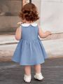 SHEIN Baby Girls' Casual Doll Collar Color Block Elastic Waist Pleated Dress