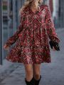 Allover Print Notched Neck Ruffle Hem Smock Dress