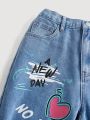 SHEIN Teenage Girls' Slogan Heart Print Jeans Pants