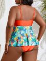 SHEIN Swim Classy Plus Size Colorblock Front Tie Bikini Set With Sleeveless Top