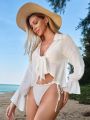 SHEIN Swim Vcay Women's Front Tie Loose Fit Kimono Cardigan With Long Sleeves