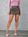 SHEIN BAE Solid Color Vintage Distressed Faux Leather Skirt With Pocket Flap Decor