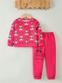 SHEIN Kids Nujoom Little Girls' Cute Casual Teddy Bear Print Sweatshirt And Pants Set For Spring And Autumn