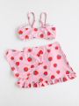 3pack Girls Strawberry Print Frill Trim Bikini Swimsuit With Beach Skirt