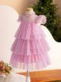 SHEIN Kids Cooltwn Little Girls' Fashionable Elegant Mesh Short Flying Sleeve Dress